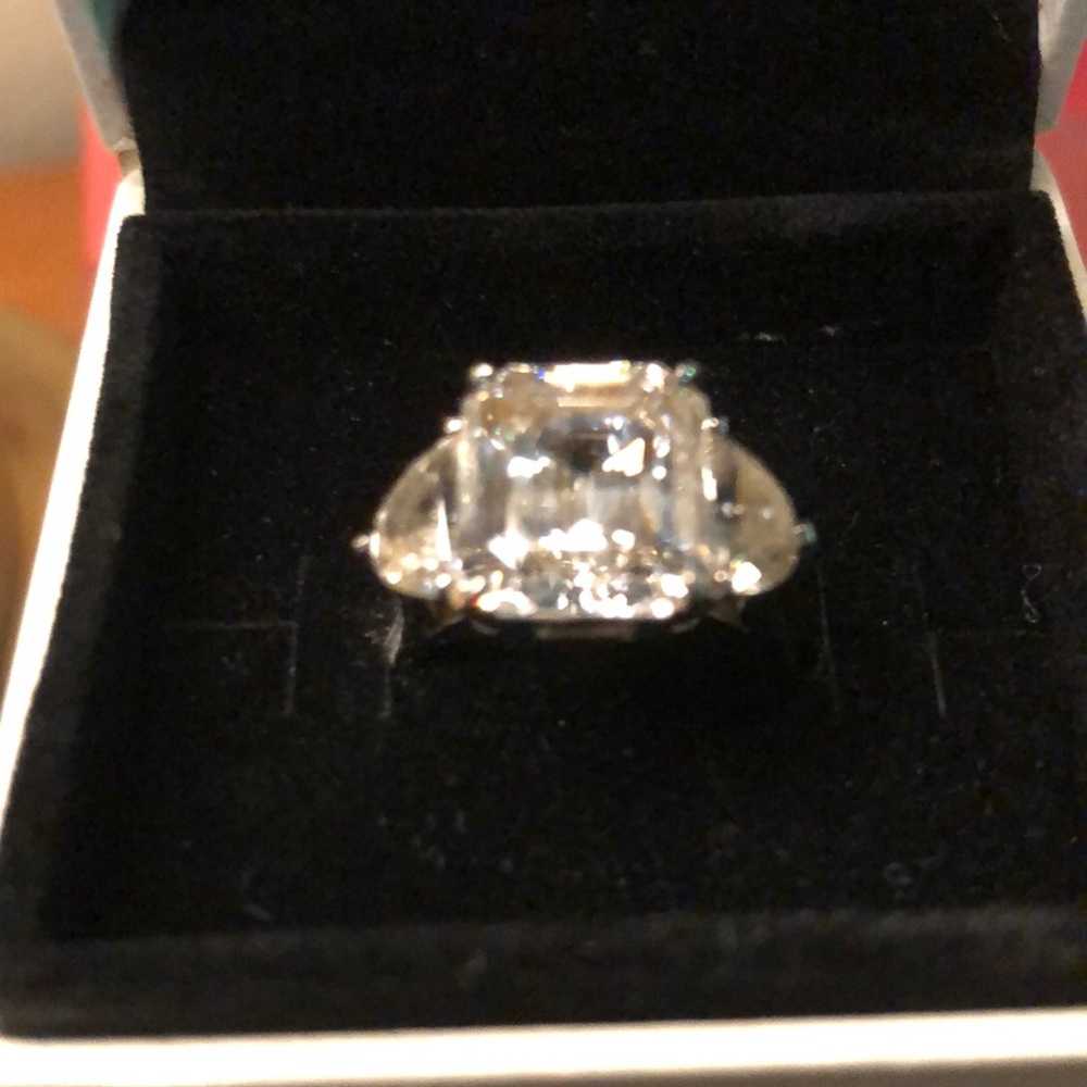 Emerald cut DeSerio ring 925 silver white gold over size 6.5